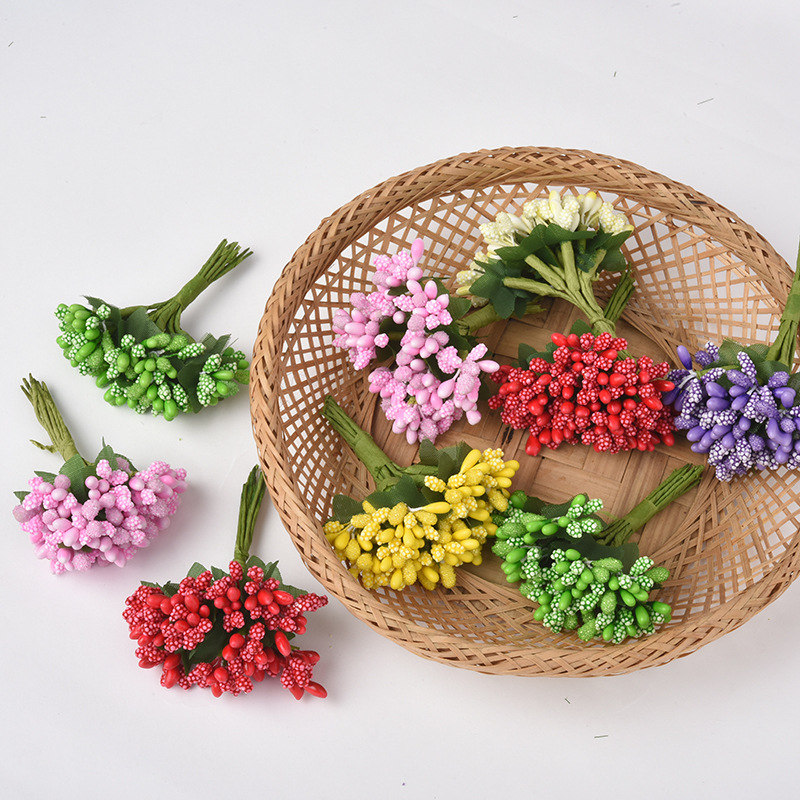 喜糖盒配件 仿真小浆果 DIY花环材料带叶小浆果面珠花芯 花环配件