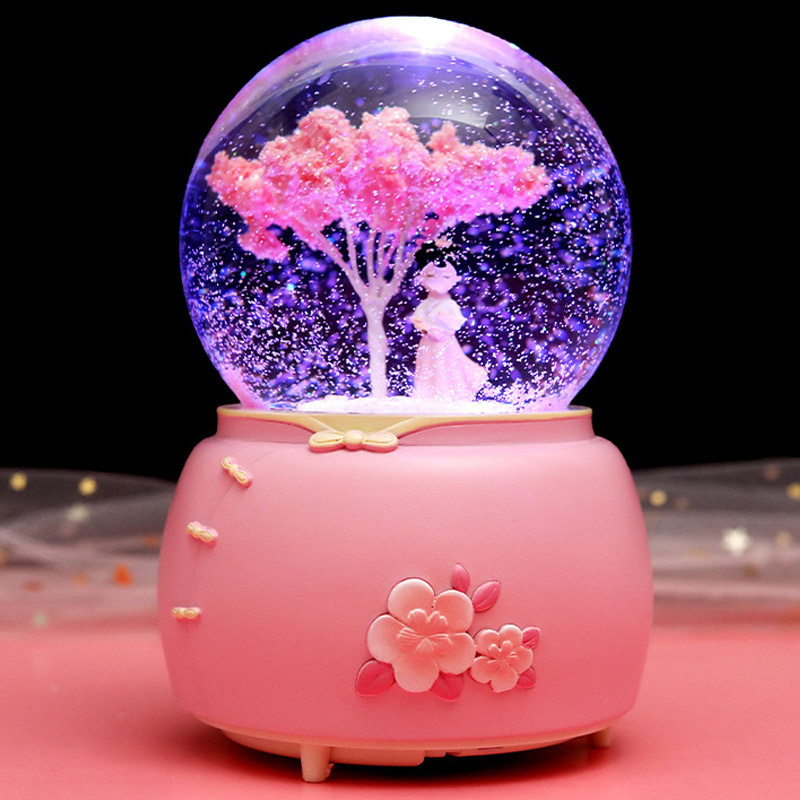 梦幻樱花水晶球音乐盒雪花天使跳孩旋转公主八音盒儿童节