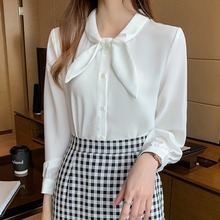早秋新款韩版时尚甜美设计感蝴蝶结气质长袖纯色雪纺衬衫女