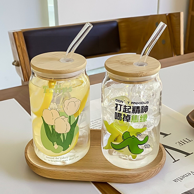 可乐玻璃杯带盖吸管杯高颜值便携办公室饮料水杯耐高温ins风批发