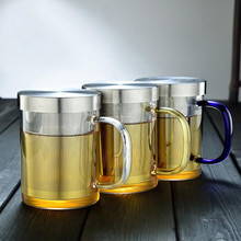 现货三件套泡茶杯不锈钢过滤内胆带把直筒杯 加厚玻璃花茶杯