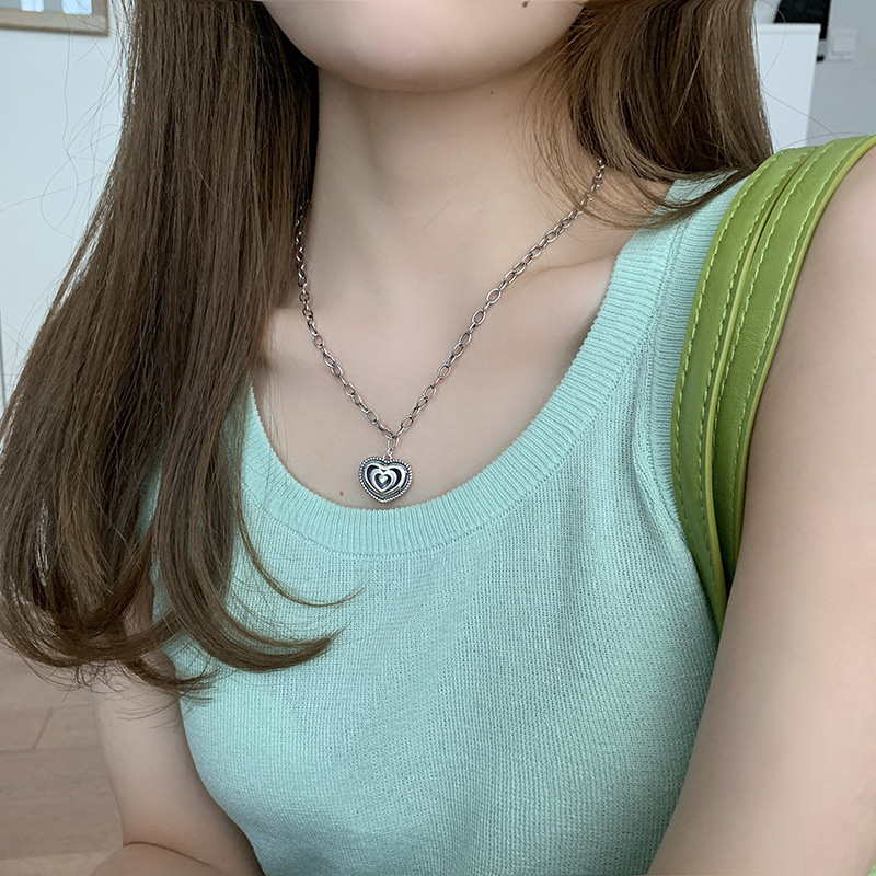 韩版s925银花纹爱心项链女复古时尚气质桃心锁骨链嘻哈朋克毛衣链