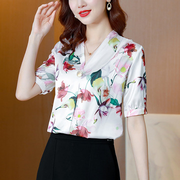 品牌杭州真丝衬衫女夏季气质显瘦女装上衣时尚印花女装桑蚕丝衬衣