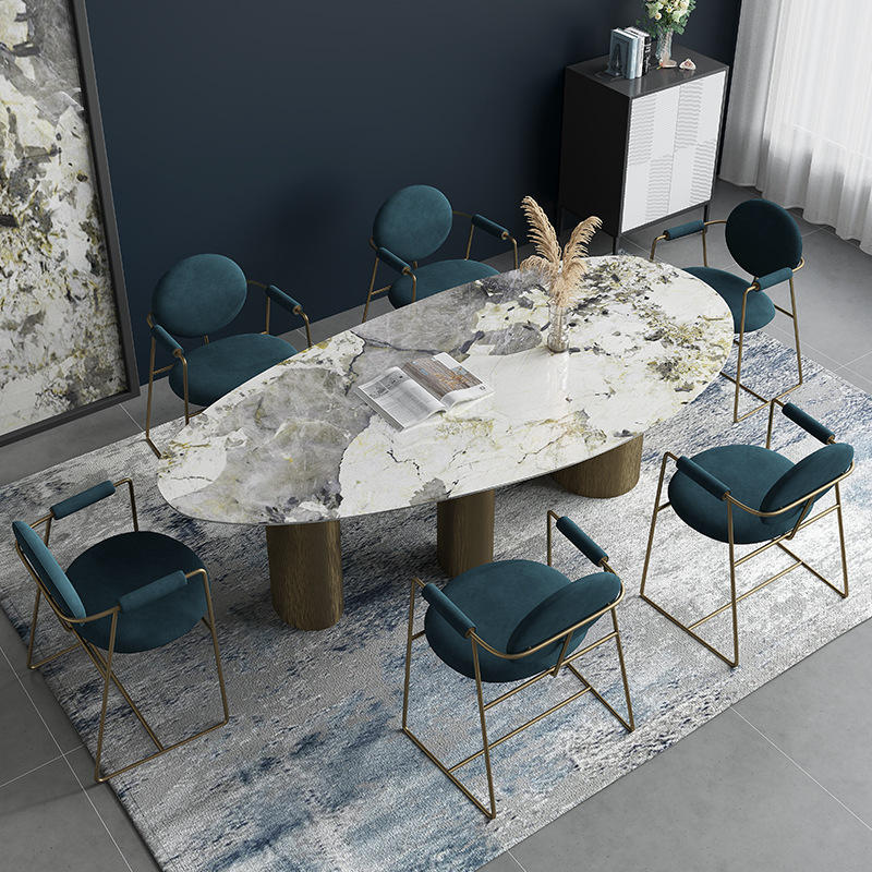 意式极简奢石岩板餐桌椅组合潘多拉岩石别墅高档异形椭圆形饭桌