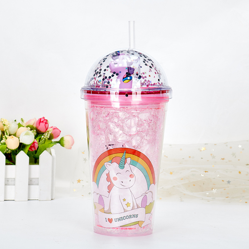Cup with Straw Double-Layer Cartoon Microview Tumbler Internet Celebrity Unicorn Plastic Cup Gift Wholesale