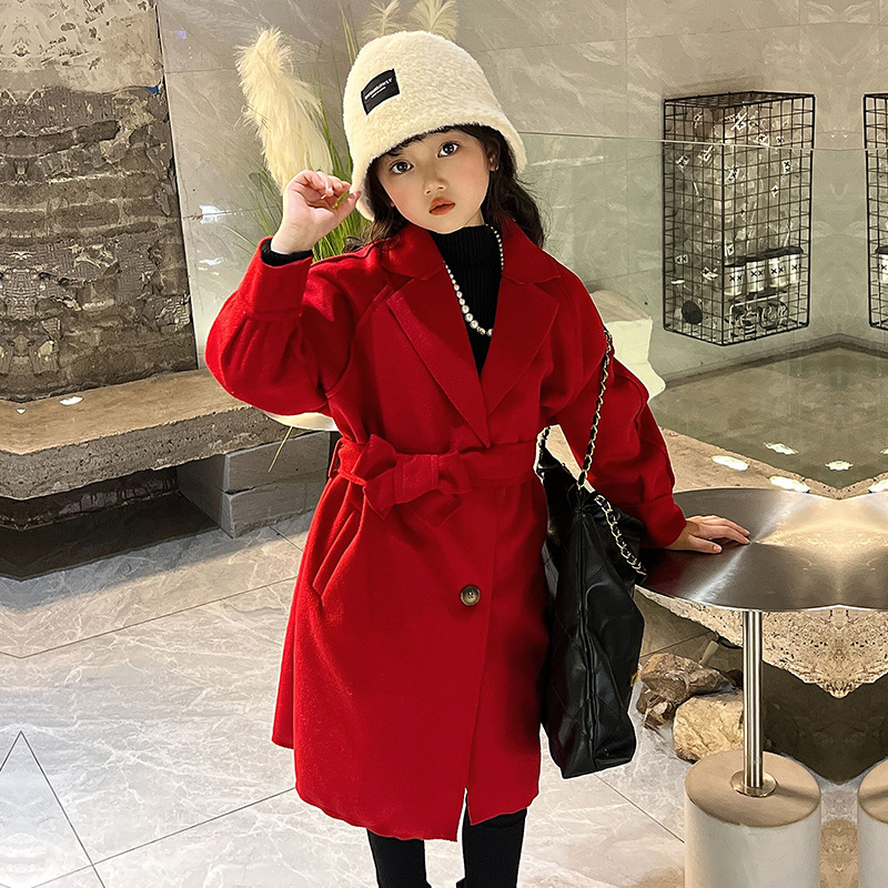Girls' Wool Coat 2022 Autumn and Winter New Western Style Mid-Length Double-Sided Cashmere Wool Windbreaker Medium and Big Children Fashion Fashion