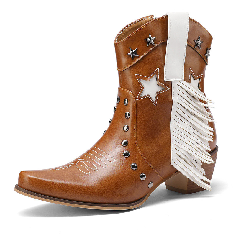 外贸跨境2023秋冬新款流苏西部靴中跟短靴铆钉大码拼色尖头女短靴