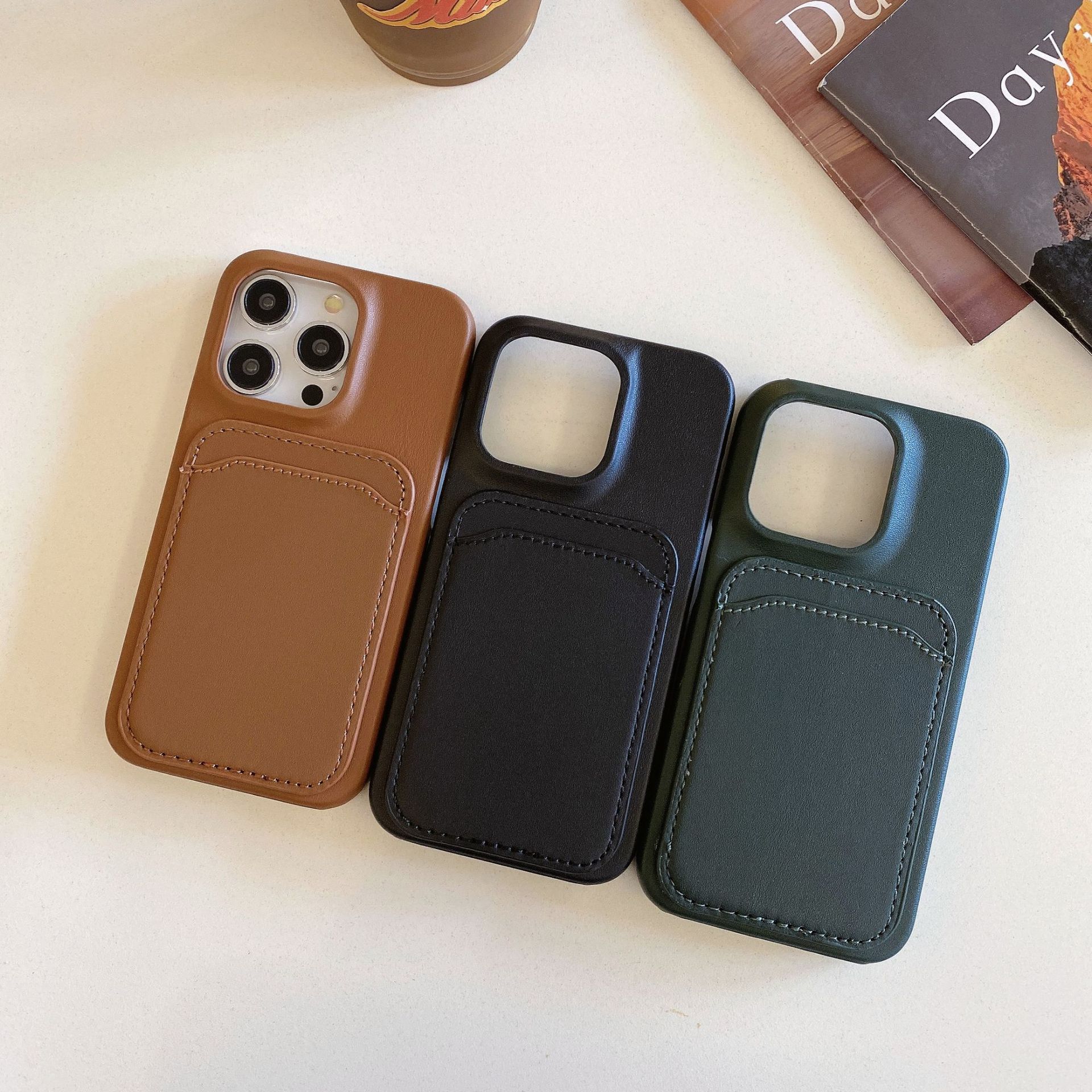 适用苹果14素皮手机壳插卡苹果15手机保护皮套商务皮质卡包手机套