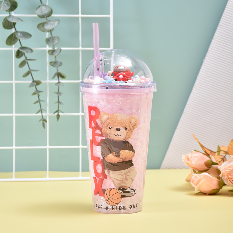 Internet Celebrity Little Bear Cartoon Plastic Cup Micro Landscape Cute Children's Straw Cup Good-looking Double Layer Summer Ice Glass Wholesale