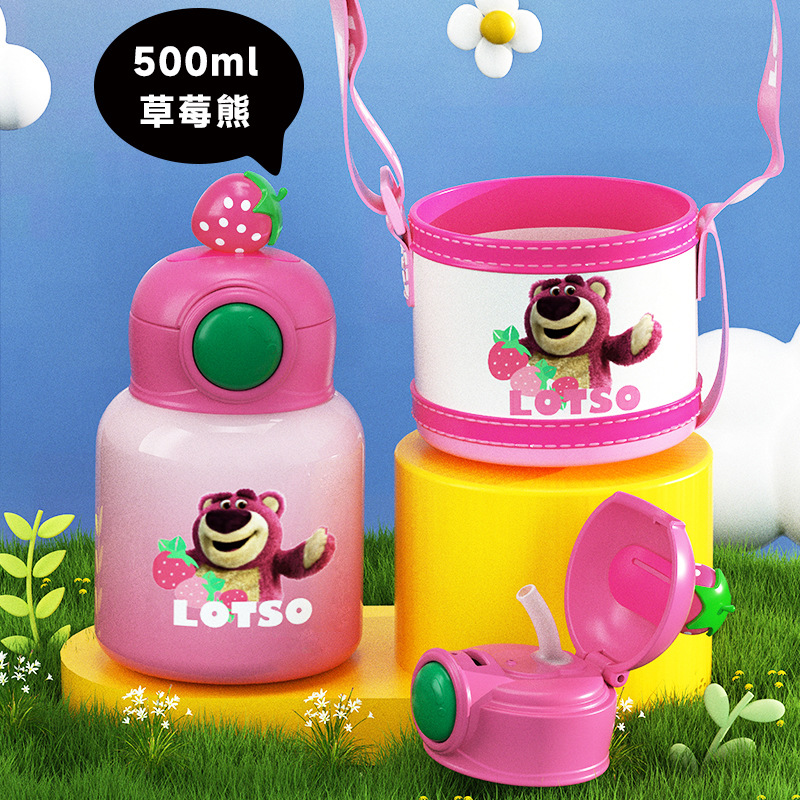 Disney Thermos Cup Cartoon Simple and Portable Strap Cup with Straw Good-looking Large Capacity Primary School Student Drinking Water Bottle