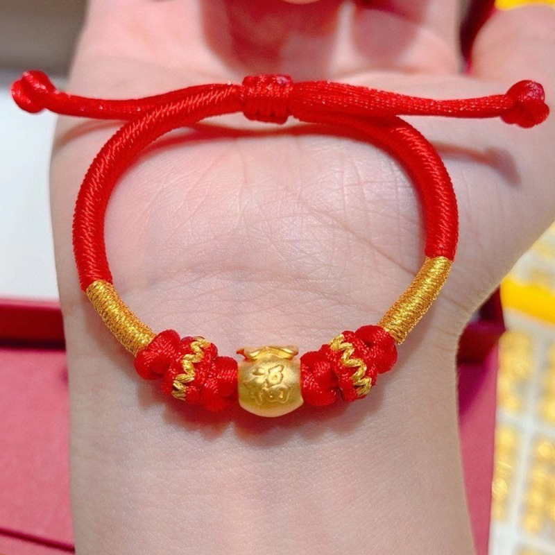 999足金福袋 3d硬金钱袋宝宝儿童满月周岁礼物红编绳调节黄金首饰