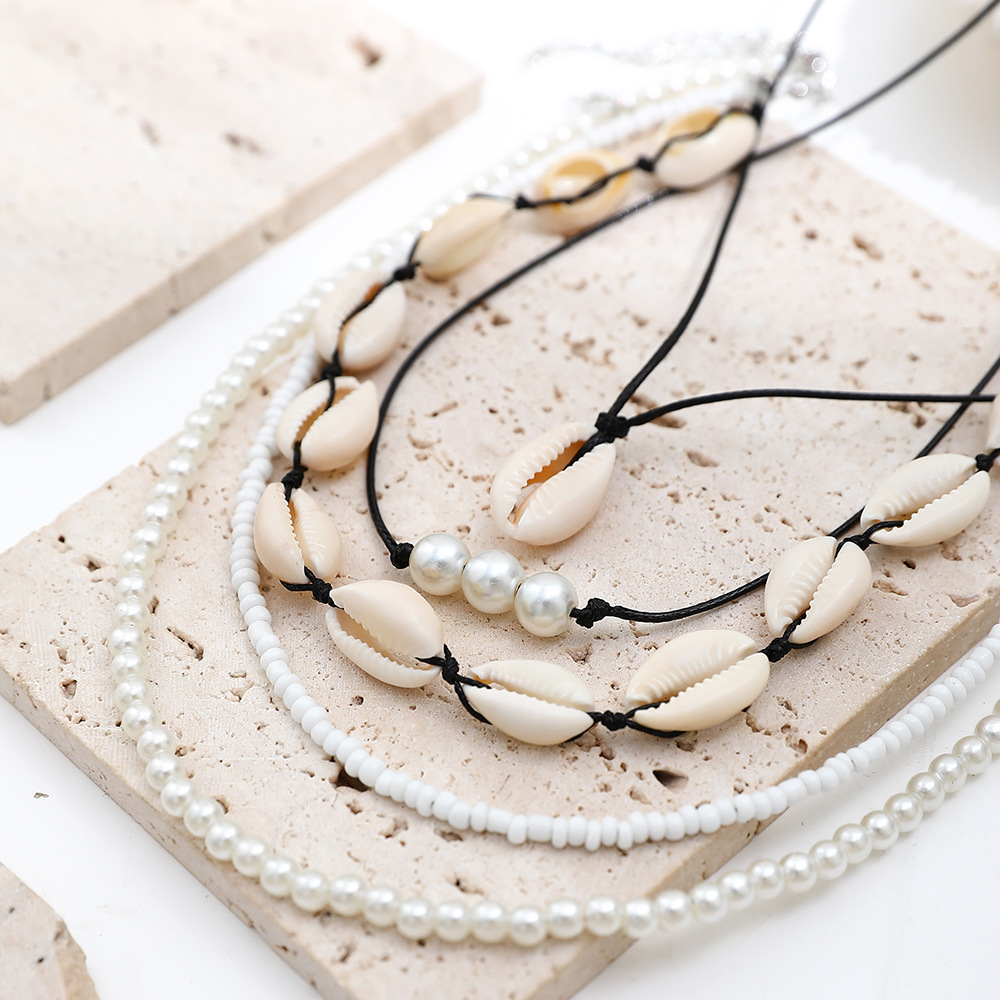 流苏贝壳吊坠米珠项链女欧美夏季时尚海滩旅行度假搭配珍珠饰品