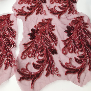 重工酒红小米珠刺绣布贴亮片花朵网纱刺绣补丁旗袍衣服装饰辅料