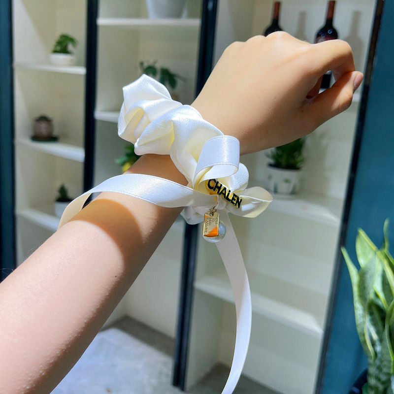 韩版珍珠蝴蝶结飘带发圈网红夏季纯色绑头发绳女法式字母大肠发圈