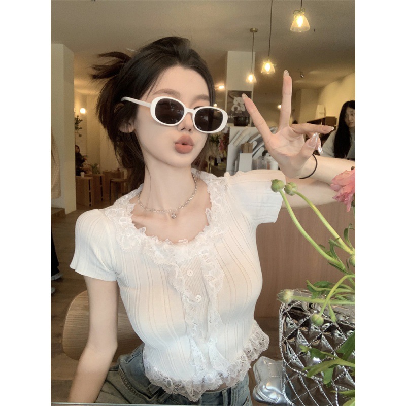性感蕾丝边短袖针织衫设计感修身短款甜辣小个上衣女夏季