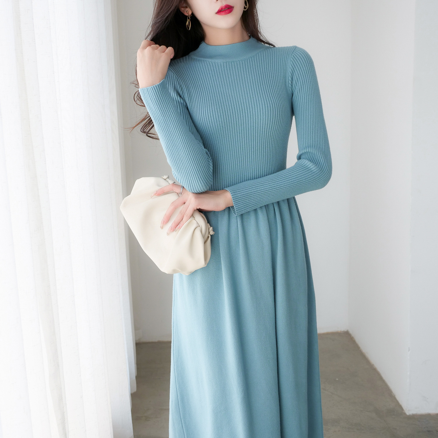 Spring and Autumn Fashionable Half Turtleneck Knitted Dress Women's Elegant Tight Waist Mid-Length Sweater Dress Outer Wear Bottoming Skirt