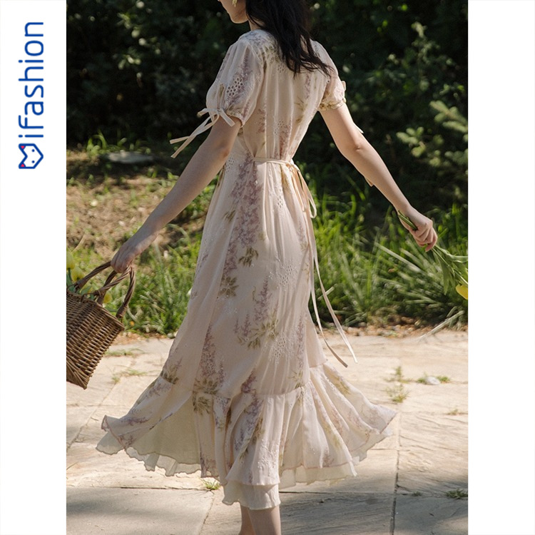复古紫藤萝鱼尾连衣裙气质小飞袖显瘦度假裙春夏新款旅拍长裙