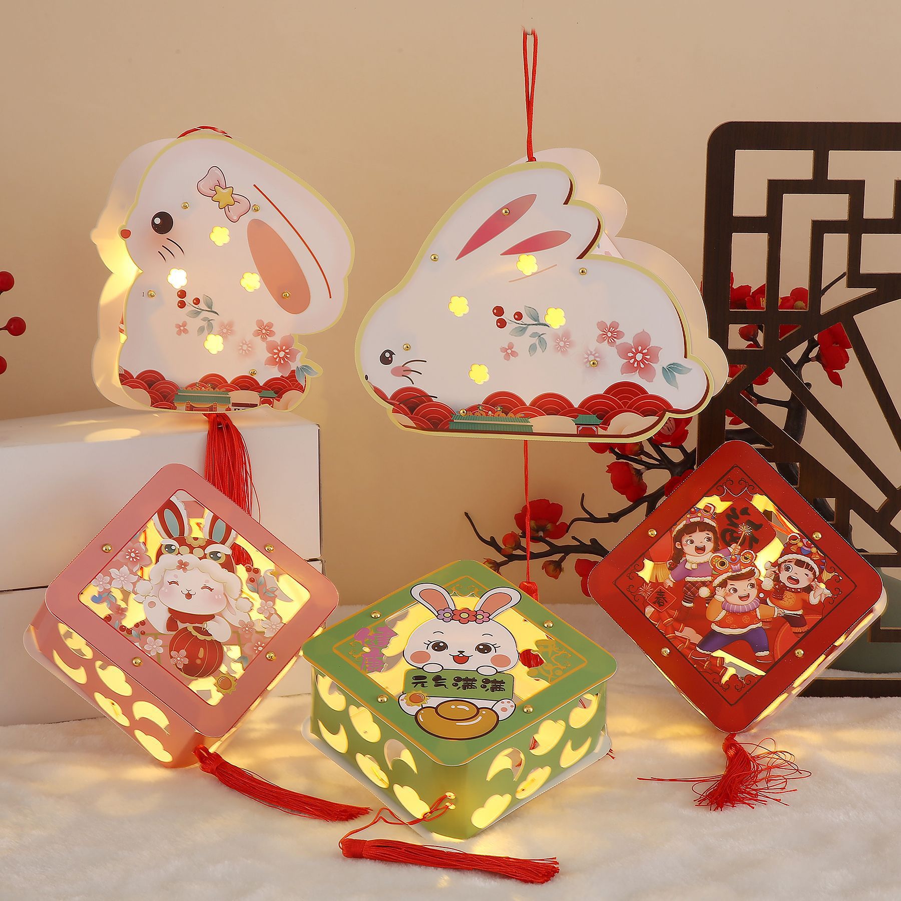 2023春节新年元宵兔子灯笼手工创意diy制作材料手提发光灯笼元旦