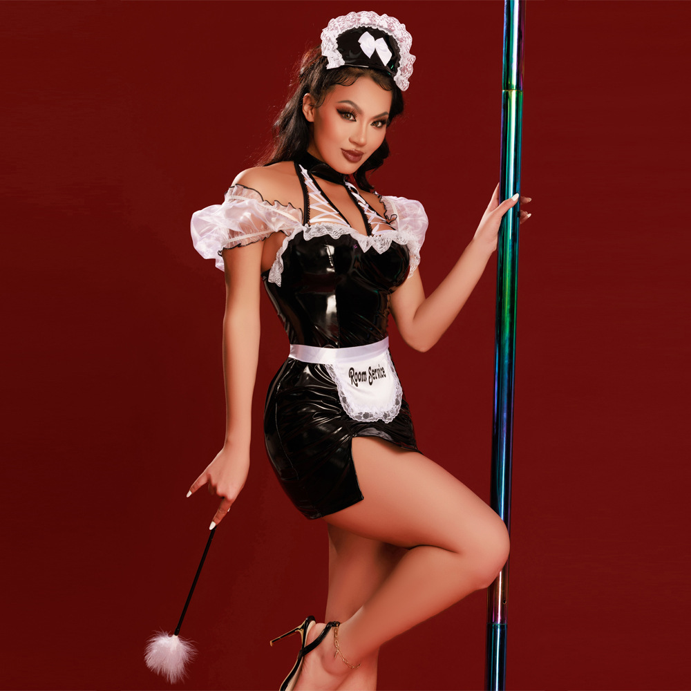 New European and American Foreign Trade Female Sexy Sleepwear Pu Maid Maid Role Play Match Sets in Stock Wholesale 8102