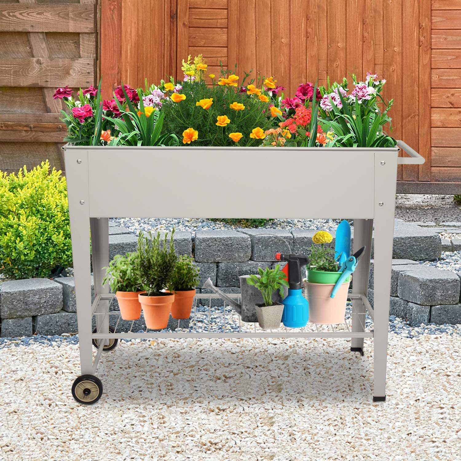 跨境专供 落地可移动铁艺铁皮种植花箱 阳台庭院移动便携花床花架