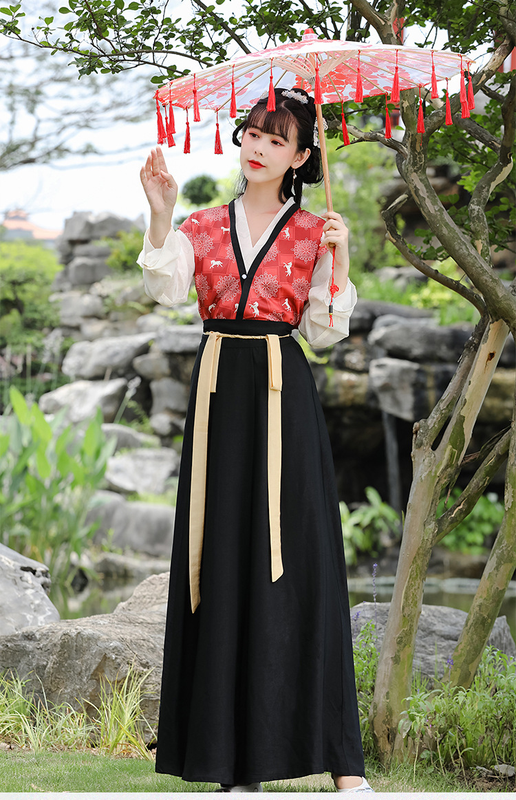 8171原创汉服女唐制国风印花交领褙子八破交窬裙日常显高显瘦套装