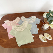女童夏季纯色花边短袖婴儿可爱舒适百搭T恤韩版洋气宝宝薄款上衣