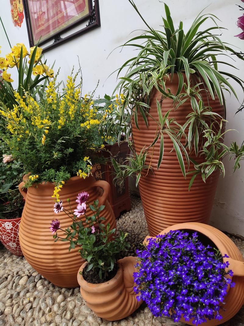 户外园林景观陶罐摆件别墅庭院酒店红陶花盆粗土陶花瓶三件套组合