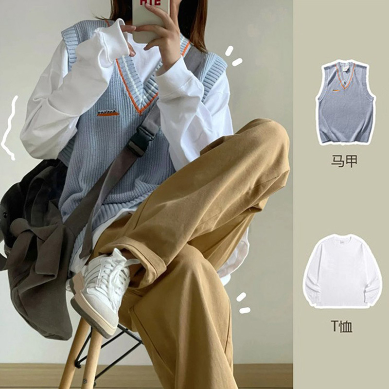 港味学院风宽松套头毛衣针织背心女秋季2021新款无袖坎肩外搭马甲