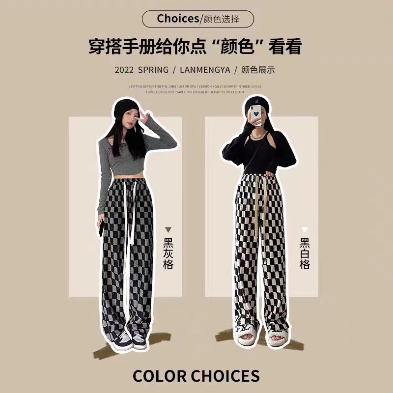Chessboard Plaid Wide-Leg Pants for Women Spring and Autumn 2022 New High Waist Loose Straight Casual Mop Plaid Velvet Pants