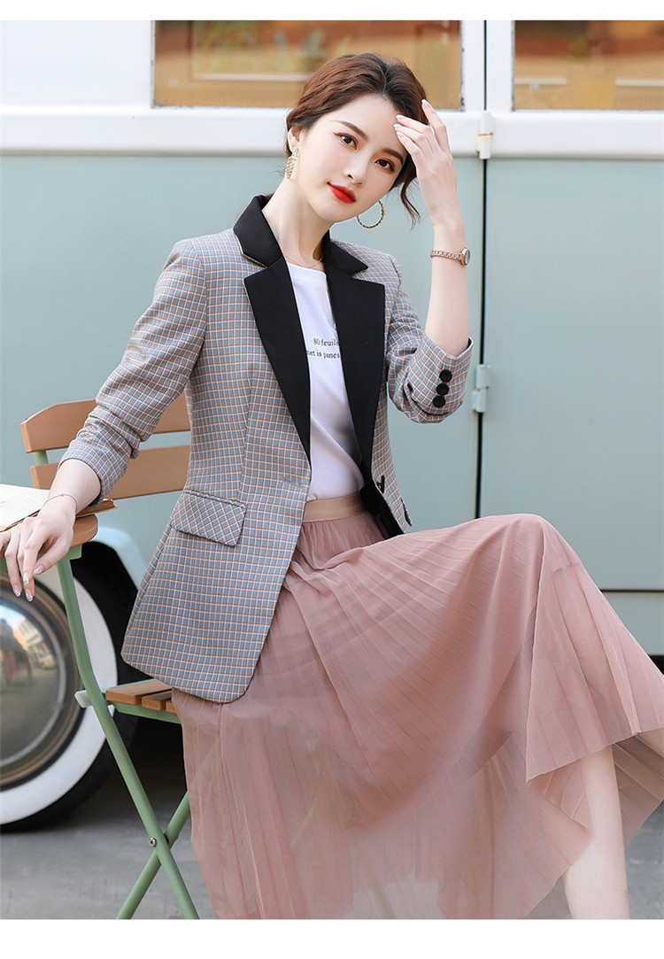 格子西装外套女春秋时尚气质韩版英伦风修身撞色拼接休闲西服上衣
