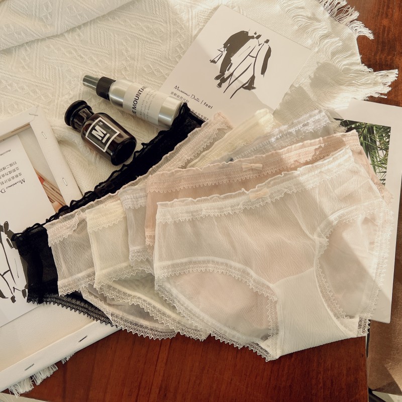 比诺女孩清新细条褶皱网纱蕾丝女士内裤透明诱惑性感棉裆舒适三角