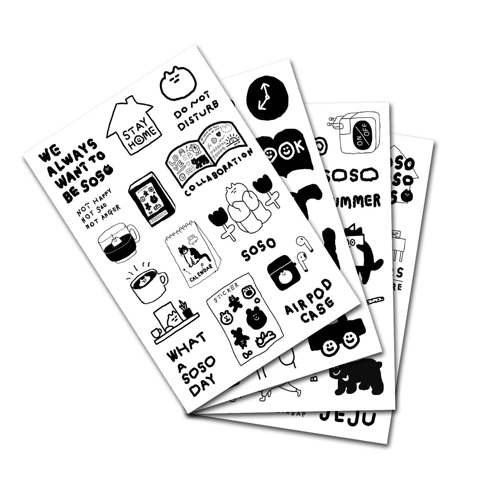 4张卡通手绘黑白ins贴纸可爱熊猫图案手账日记本装饰diy贴画跨境