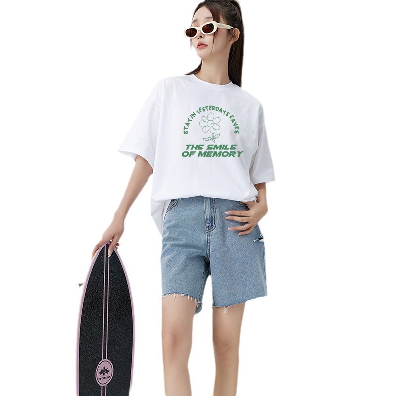 Summer White Cotton off-Shoulder Women's T-shirt Short Sleeve Korean Style round Neck Loose Half Sleeve Plump Girls Slim Looking Large Size Women's Wear