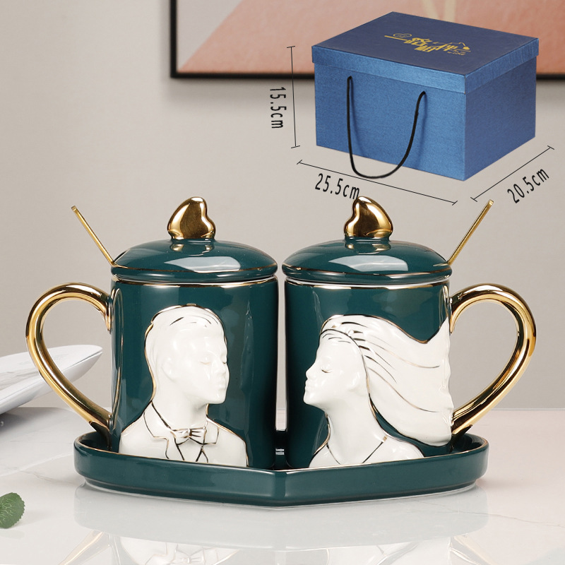 Ceramic Couple Water Cup Creative Wedding Tie Gift Ceramic Gold-Painted Coffee Cup Mug with Cover Spoon Personality Generation