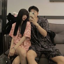 韩国ins史迪奇卡通情侣睡衣女夏季短袖高级感家居服男士两件套装