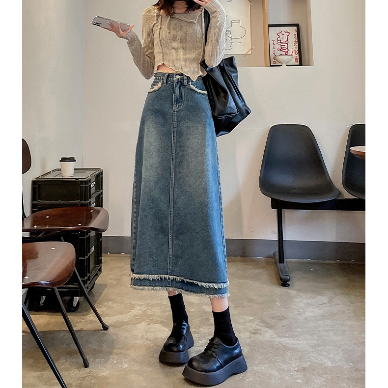   01 200 Denim Skirt Women's Mid-ength Skirt 2023 Spring and Summer New High Waist Slimming Frayed Edge A- line Sheath Skirt