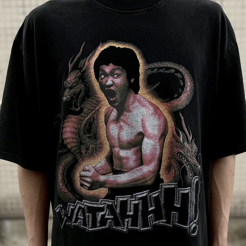 高街国潮宽松李小龙人物vintage做旧重磅洗水纯棉短袖t恤男女半袖