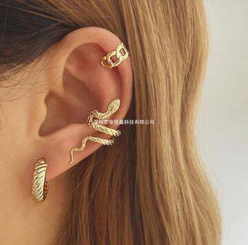 跨境热销复古蛇纹套装耳钉三件套耳环c形耳钉冷淡风蛇形耳夹耳饰