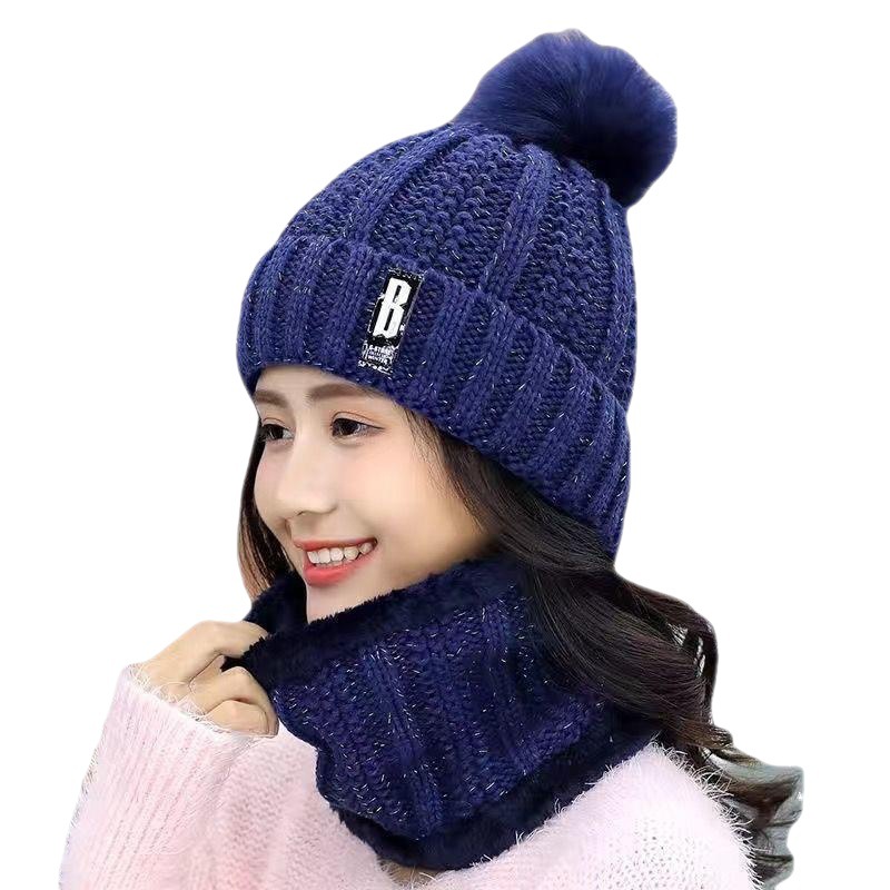 Winter Korean Style Wool Hat Women's Fleece-Lined Thickened Scarf Mother Cycling Warm-Keeping and Cold-Proof Knitted Earflaps Fashion Cap