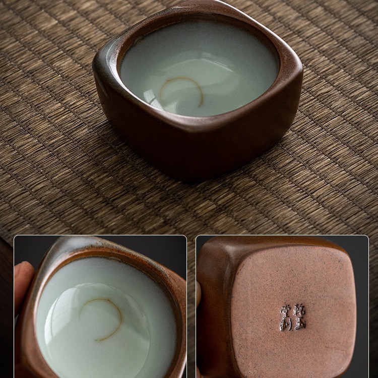 如意四方陶瓷杯主人杯客杯复古官窑茶杯茶垫整套家用办公半手工制