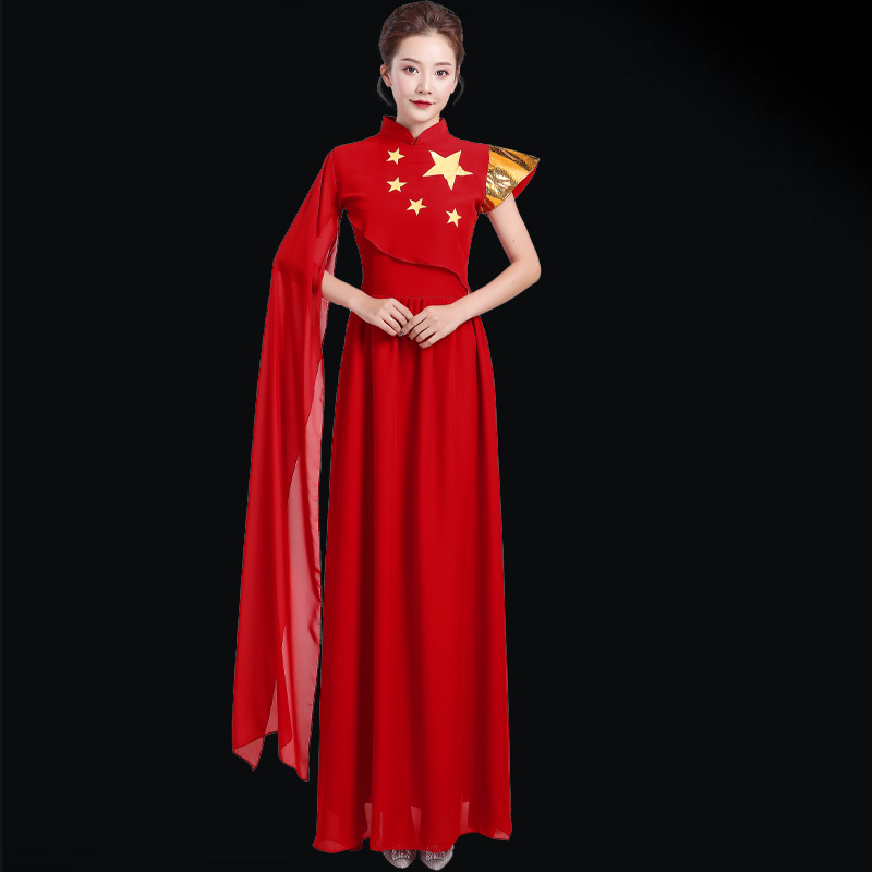 新款成人中国风舞台服装合唱团演奏表演服红歌大合唱演出服女长裙