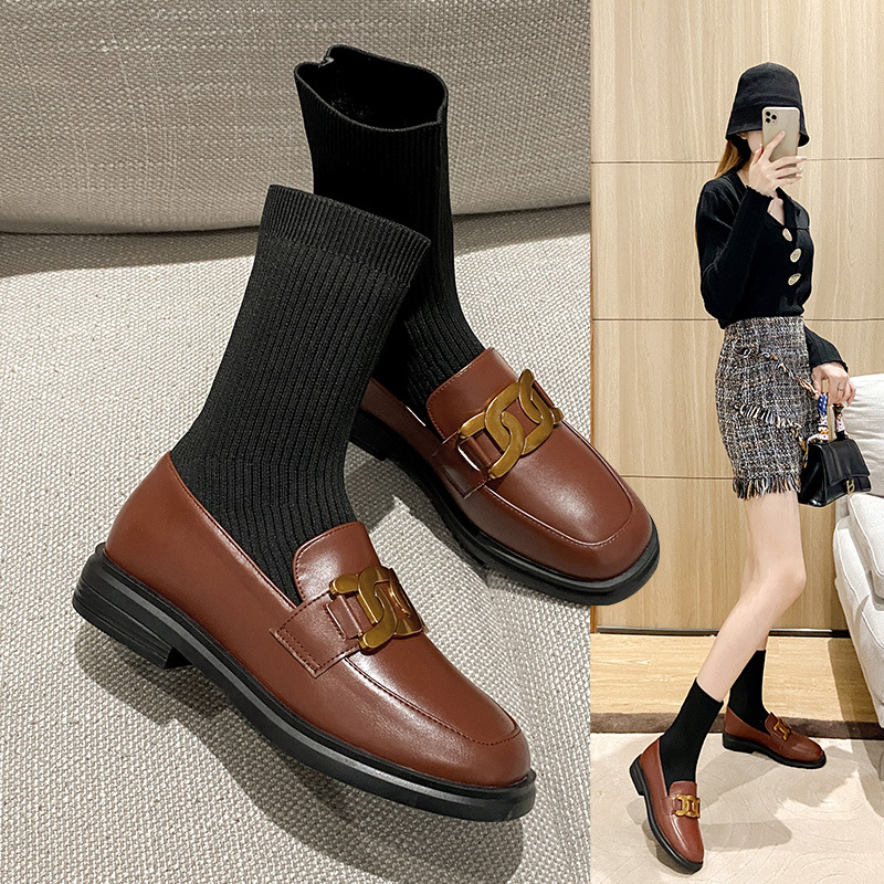 飞织小皮鞋女2020秋冬新款袜子靴网红潮英伦风时装靴保暖弹力袜靴