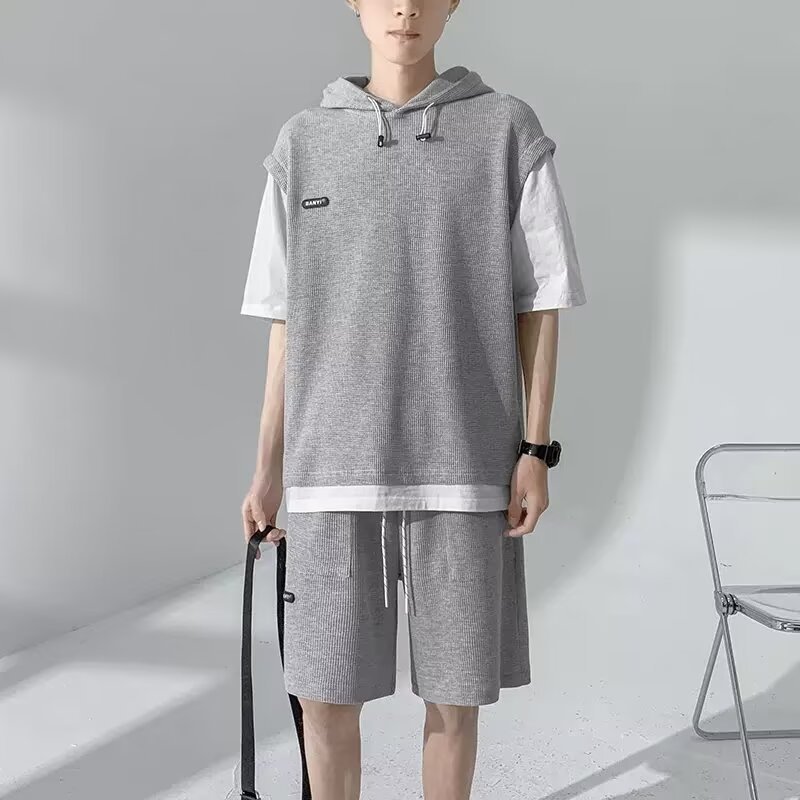 华夫格短袖卫衣短裤套装男夏季假2件t恤搭配帅气一套休闲运动男装