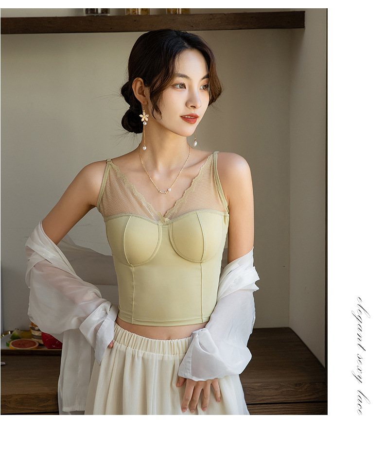 One-Piece Fixed Cup Ice Silk Seamless Beautiful Back Mid-Length Adjustable Shoulder Strap Wrapped Chest Lace Wireless Women's Underwear