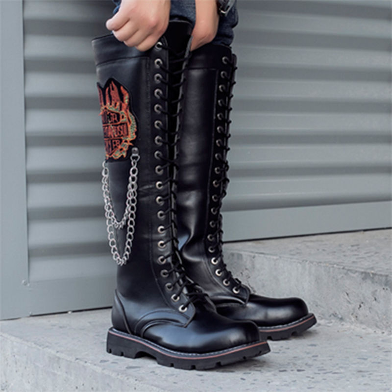 韩版外贸高筒马靴男磨砂机车长筒鞋子摇滚朋克皮靴潮靴大头马丁靴