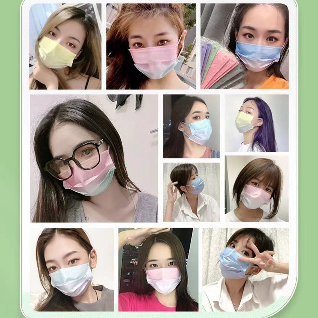 可出口彩虹色网红腮红高颜值女时尚潮彩色可爱渐变色一次性口罩