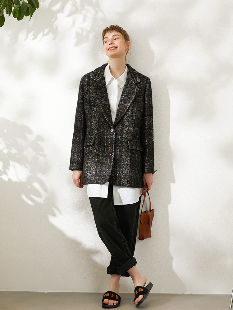 米可帛恩高奢款羊毛西装外套高级感格纹垂感秋季上衣女83978