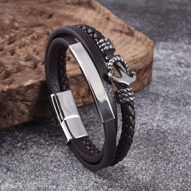 Cross-Border E-Commerce Hot Selling Stainless Steel Boat Anchor Leather Cord Bracelet Multi-Layer Leather Braided Bracelets Men's Titanium Steel Jewelry