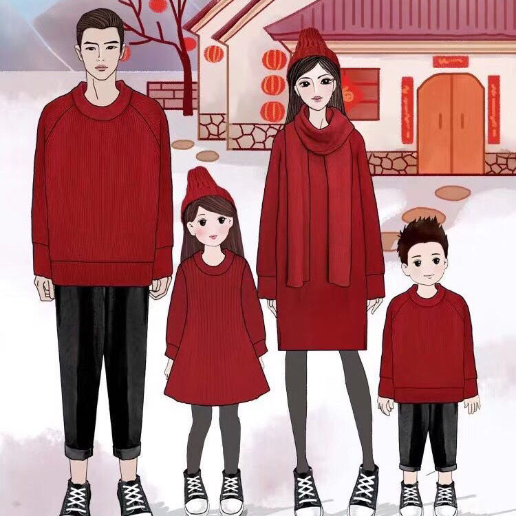 2021新品新年装亲子装一家四口姐弟装全家福加厚毛衣连衣裙喜庆红