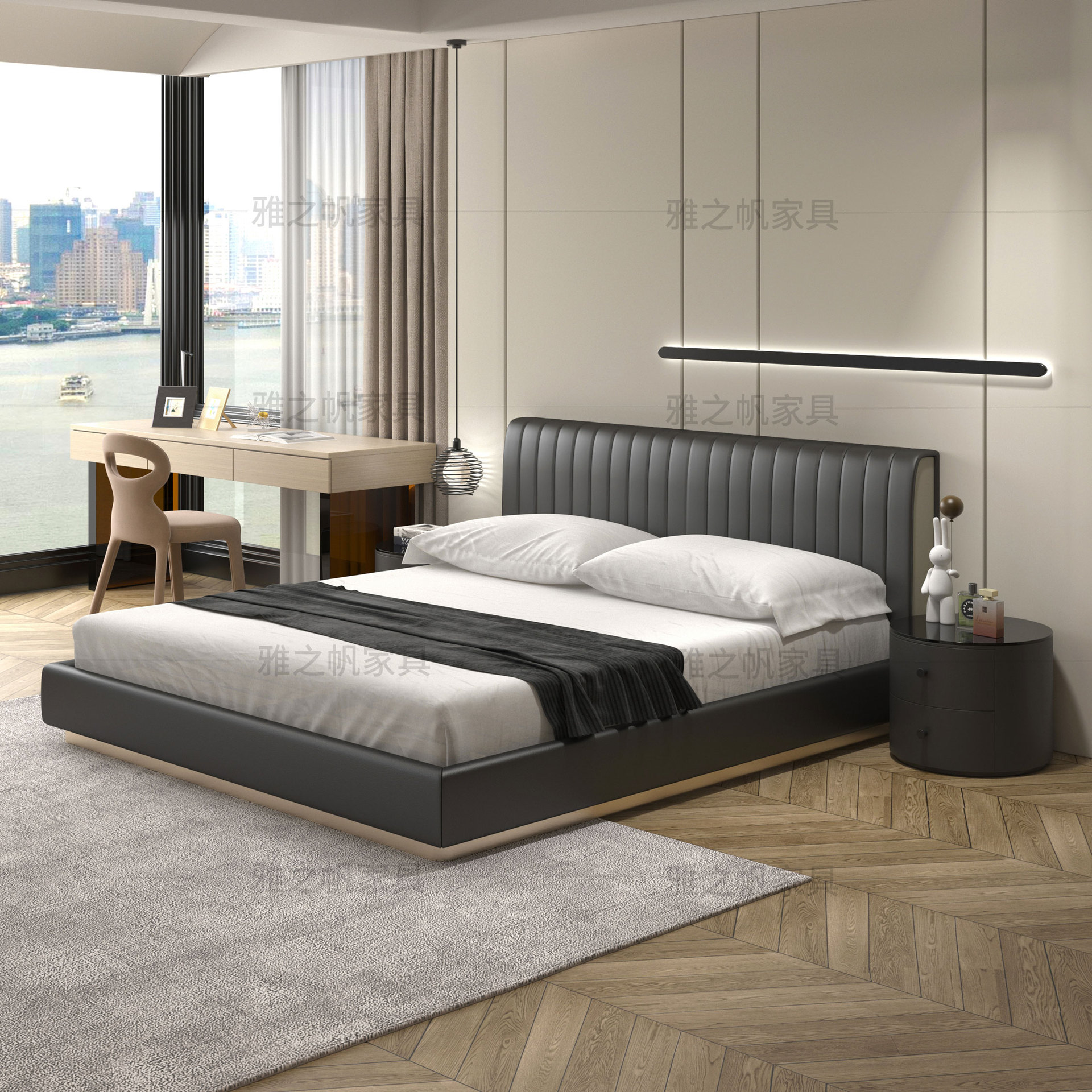 真皮床轻奢现代主卧大床意式诧寂风皮床北欧现代简约网红奶油风床